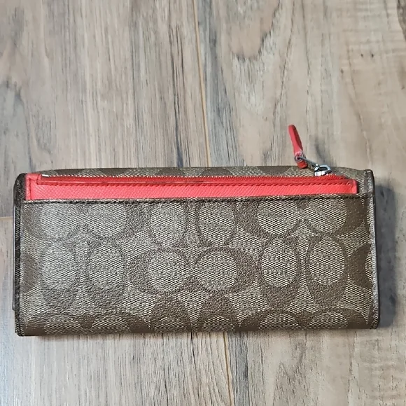 Coach Tan Signature Wallet With Red Insert Zippered Detail Women's - Picture 3 of 17